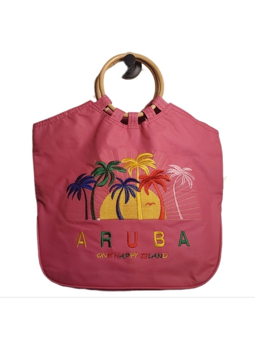 Aruba Canvas Tote with Wood Handles Pink with Colorful Embroidery NWT